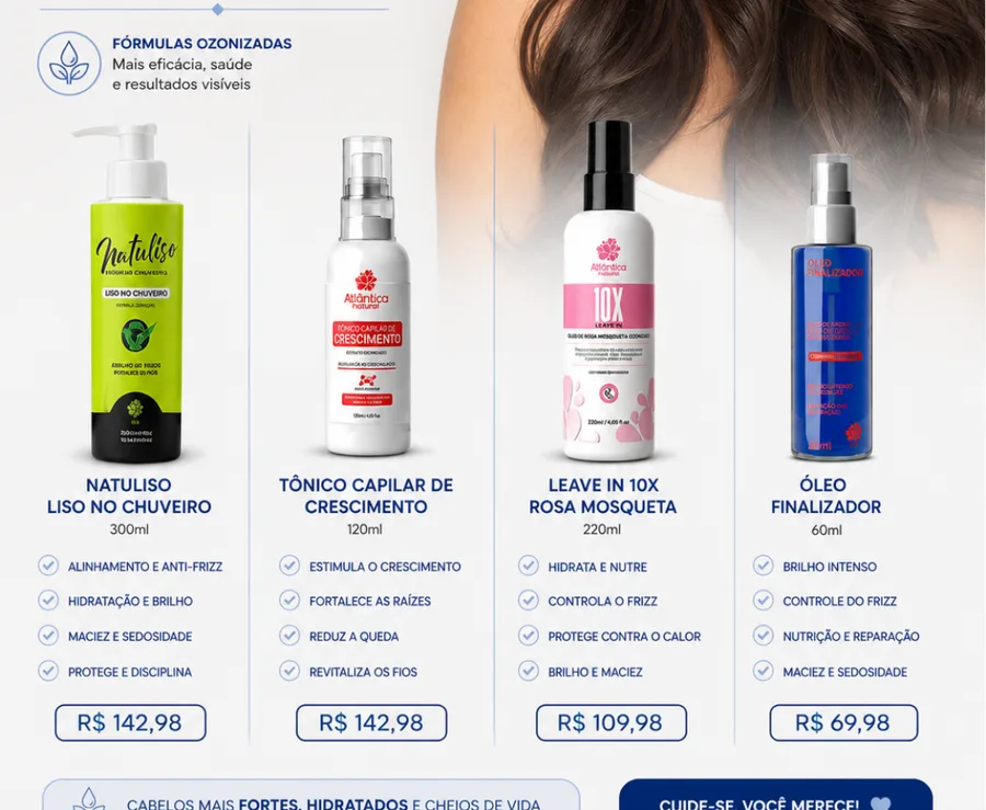 Natuliso, tônico capilar, leave-in rosa mosqueta e óleo finalizador