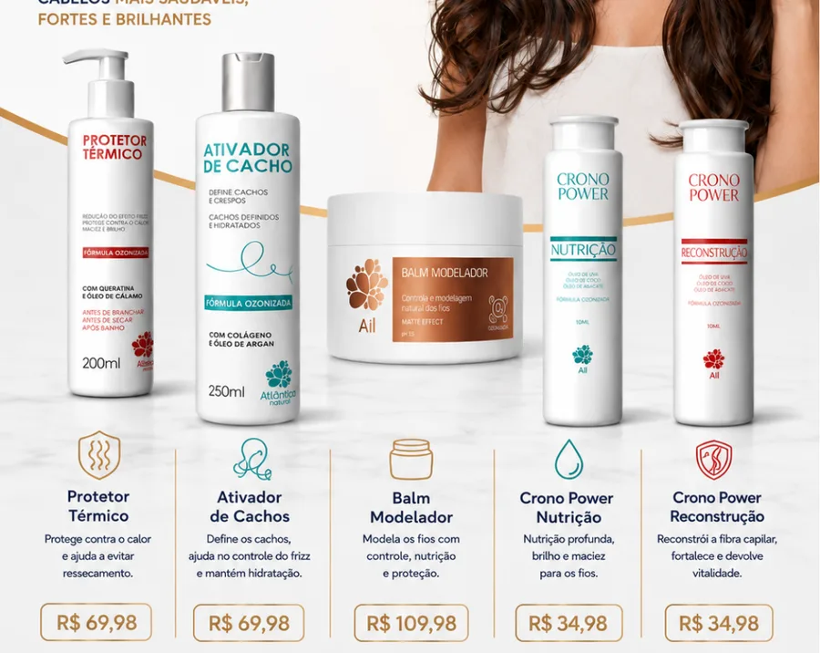 Produtos de cuidados capilares, proteção, cachos, modelagem, nutrição e reconstrução