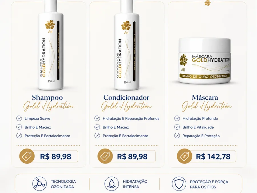 Linha Gold Hydration com shampoo, condicionador e máscara