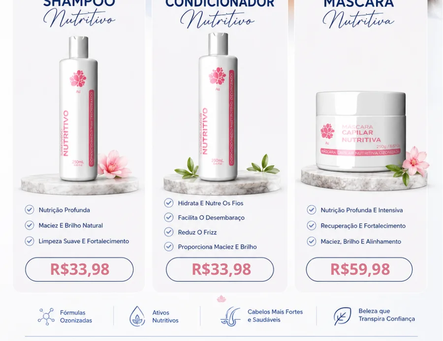 Linha capilar nutritiva com shampoo, condicionador e máscara